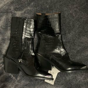 ZARA black leather cow bow booties